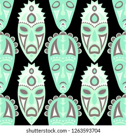Seamless Background. African Seamless Pattern with Color Masks for Poster or Banner. Ethnic Seamless Background with Color Trible Ritual Masks for your Design. Vector Texture.