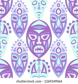 Seamless Background. African Seamless Pattern with Color Masks for Poster or Banner. Ethnic Seamless Background with Color Trible Ritual Masks for your Design. Vector Texture.