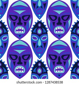 Seamless Background. African Seamless Pattern with Color Masks for Print or Card. Ethnic Seamless Pattern with Color Trible Shamanic Masks for your Design. Vector Texture.
