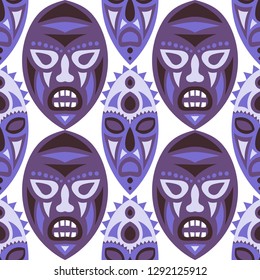 Seamless Background. African Seamless Pattern with Color Masks for Card or Poster. Ethnic Seamless Background with Color Trible Ritual Masks for your Design. Vector Texture.