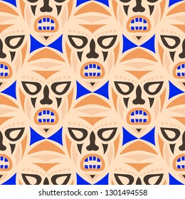 Seamless Background. African Seamless Pattern with Color Masks for Card or Poster. Ethnic Seamless Pattern with Color Trible Shamanic Masks for your Design. Vector Texture.