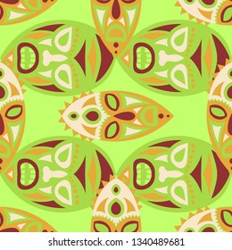 Seamless Background. African Seamless Pattern with Color Masks for Poster or Banner. Ethnic Seamless Background with Color Trible Ritual Masks for your Design. Vector Texture.