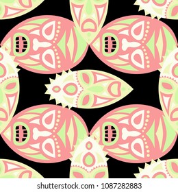 Seamless Background. African Seamless Background with Ritual Masks for Textile or Paper. Ethnic Seamless Pattern with Color Trible Shamanic Masks for your Design. Vector Texture.