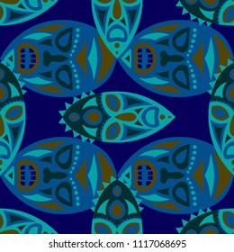 Seamless Background. African Seamless Background with Ritual Masks for Textile or Paper. Ethnic Seamless Background with Color Trible Ritual Masks for your Design. Vector Texture.