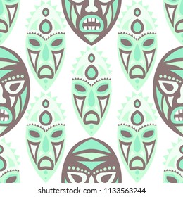 Seamless Background. African Seamless Background with Ritual Masks for Card or Poster. Ethnic Seamless Background with Color Trible Ritual Masks for your Design. Vector Texture.