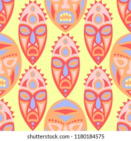 Seamless Background. African Seamless Background with Ritual Masks for Textile or Paper. Ethnic Seamless Pattern with Color Trible Shamanic Masks for your Design. Vector Texture.