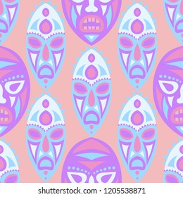 Seamless Background. African Seamless Background with Ritual Masks for Card or Poster. Ethnic Seamless Pattern with Color Trible Shamanic Masks for your Design. Vector Texture.