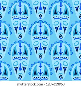 Seamless Background. African Seamless Background with Ritual Masks for Textile or Paper. Ethnic Seamless Background with Color Trible Ritual Masks for your Design. Vector Texture.