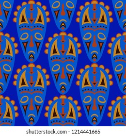 Seamless Background. African Seamless Background with Ritual Masks for Print or Card. Ethnic Seamless Pattern with Color Trible Shamanic Masks for your Design. Vector Texture.