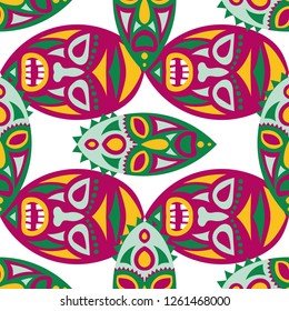 Seamless Background. African Seamless Background with Ritual Masks for Poster or Banner. Ethnic Seamless Background with Color Trible Ritual Masks for your Design. Vector Texture.