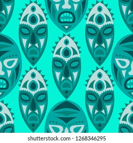 Seamless Background. African Seamless Background with Ritual Masks for Print or Card. Ethnic Seamless Pattern with Color Trible Shamanic Masks for your Design. Vector Texture.