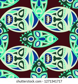 Seamless Background. African Seamless Background with Ritual Masks for Textile or Paper. Ethnic Seamless Background with Color Trible Ritual Masks for your Design. Vector Texture.