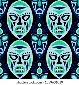 Seamless Background. African Seamless Background with Ritual Masks for Poster or Banner. Ethnic Seamless Pattern with Color Trible Shamanic Masks for your Design. Vector Texture.