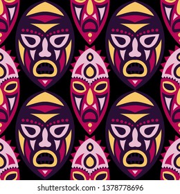 Seamless Background. African Seamless Background with Ritual Masks for Card or Poster. Ethnic Seamless Pattern with Color Trible Shamanic Masks for your Design. Vector Texture.