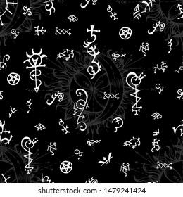 Seamless background with alchemy and magic signs on black. Vector engraved illustration in gothic and mystic style. No foreign language, all symbols are fantasy