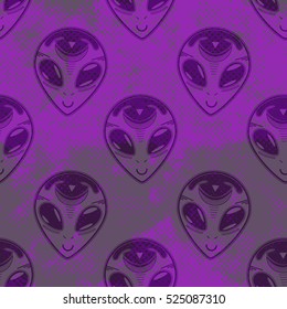 Seamless Background With Aliens. Faces Of Aliens. Repeated Pattern. It Can Be Used As Wallpaper, Upholstery, Wrapping, Fabric Or Your Design.