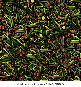 Seamless background of allspice, leaves, green, branch, aroma, flavour, cartoon style, kitchen, plant, aroma, spice, foliage, wallpaper, gift paper, print, fabric, for clothes, greeting, pimento, cute