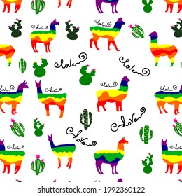 Seamless background with alpaca,llamas, colors of the rainbow,blooming cacti.The words "Love".Animal care, homeless shelters. Valentine's Day.The concept of tolerance, equal rights,love for pets, food