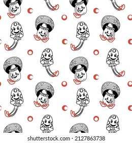 A seamless background of Amanita mushrooms. Halloween. Hand-drawn doodle-style elements. Poisonous mushrooms for a witch potion. Red in white peas mushrooms.