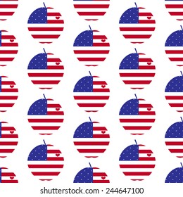 Seamless background with American flag in the shape of big apple with heart, the symbol of New York City. For wallpaper, wrapping paper, textile decoration