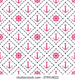 Seamless background anchor and helm with polka dot line. red and dark blue colors