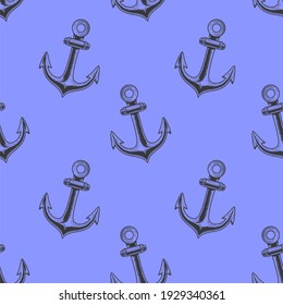Seamless background with anchors. Nautical, marine theme. Anchors drawn by hand in vintage style, in the style of engravings. Suitable for decorating postcards, magazines, banners, etc.