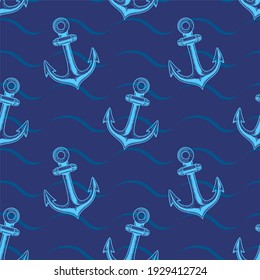 Seamless background with anchors and waves. Nautical, marine theme. Anchors drawn by hand in vintage style, in the style of engravings. Suitable for decorating postcards, magazines, banners, etc.