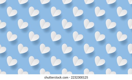 Seamless background with angled white paper hearts floating on light blue background. 