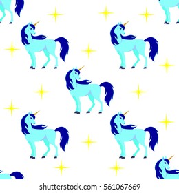 Seamless background of animal illustration with cute blue unicorn with stars. Children's background, can be used as wallpaper or wrapping paper.