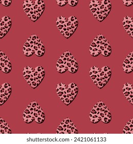 Seamless background with animal pattern hearts. Leopard-spotted heart.