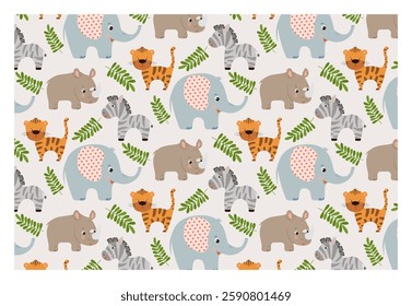 Seamless background with animals. Cute vector texture with elephant, rhino, tiger and zebra, for baby bedding, fabric, wallpaper, wrapping paper, textile, t-shirt print