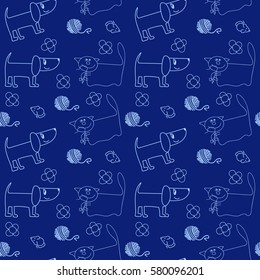 Seamless background with animals, dogs and cats on a blue background