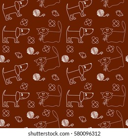 Seamless background with animals, dogs and cats on a brown background