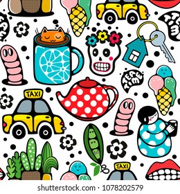 Seamless background with animals, yellow cars and plants. Vector endless wallpaper.