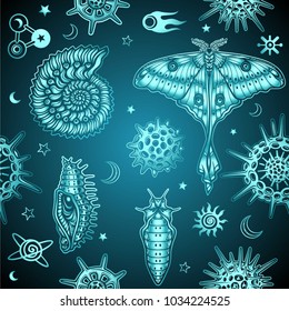 Seamless background: animation elements of wildlife - a butterfly, a shell, larvae, molecules, space symbols. Metal imitation. Vector illustration.