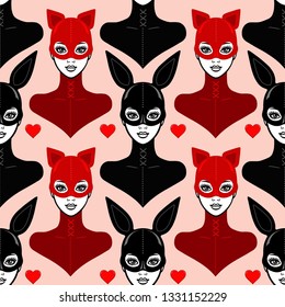 Seamless background - animation portrait of the bbeautiful girls in a  latex suit and mask cat and rabbit. Template for erotic content. Vector illustration. Print, poster, t-shirt, fabric, wall-paper.