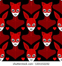Seamless background - animation portrait of the bbeautiful girls in a  latex suit and mask cat and rabbit. Template for erotic content. Vector illustration. Print, poster, t-shirt, fabric, wall-paper.