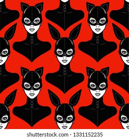 Seamless background - animation portrait of the bbeautiful girls in a  latex suit and mask cat and rabbit. Template for erotic content. Vector illustration. Print, poster, t-shirt, fabric, wall-paper.