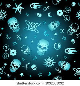 Seamless background: animation skulls, space symbols. Esoteric, mysticism, occultism. Metal imitation. Vector illustration.