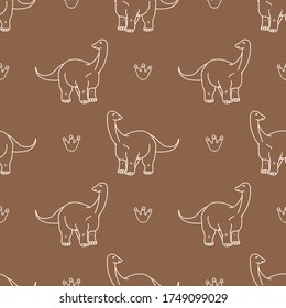 Seamless background Apatosaurus dinosaur with foot print gender neutral pattern. Whimsical minimal earthy 2 tone color. Kids nursery wallpaper or boho cartoon animal fashion all over print.