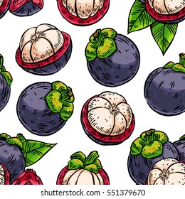 seamless background with appetizing delicious colorful mangosteens. hand-drawn illustration