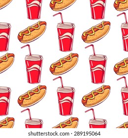 seamless background with appetizing hot-dogs and drinks