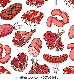 seamless background with appetizing meat products. hand-drawn illustration