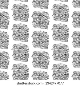 Seamless background of appetizing sandwiches. Hand-drawn illustration