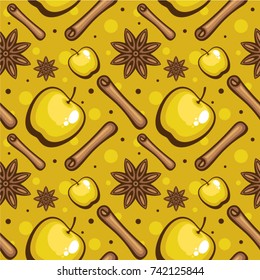 Seamless background with apple, cinnamon sticks and anise stars. Design for menu, cosmetic, pack, wrapping paper and fabric.