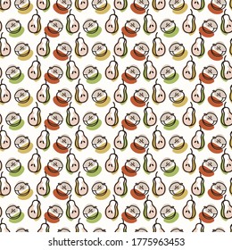 Seamless background apple and pear fruit. Gender neutral kid food pattern. Simple whimsical minimal earthy 2 tone color. Baby nursery wallpaper or boho decorative gardening decor all over print. 