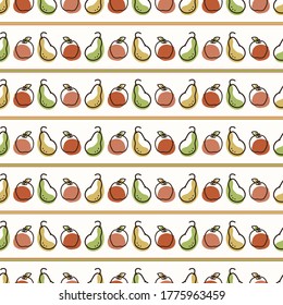 Seamless background apple and pear fruit stripe. Gender neutral kid food pattern. Simple whimsical minimal earthy 2 tone color. Baby nursery wallpaper or boho decorative gardening all over print. 