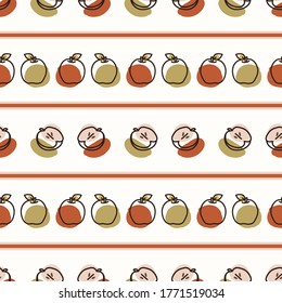 Seamless background apple stripe. Gender neutral kid food pattern. Simple whimsical minimal earthy 2 tone color. Baby nursery wallpaper or boho decorative gardening decor all over print. 