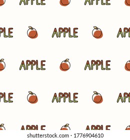 Seamless background apple text. Gender neutral kid food pattern. Simple whimsical minimal earthy 2 tone color. Baby nursery wallpaper or boho decorative gardening decor all over print. 