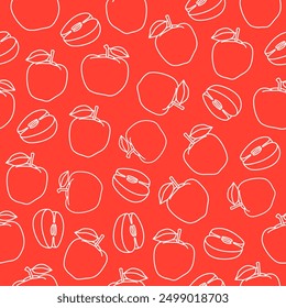 Seamless background with apples. Contour drawings of apples on a bright background. Linear drawing of fruits. Endless background